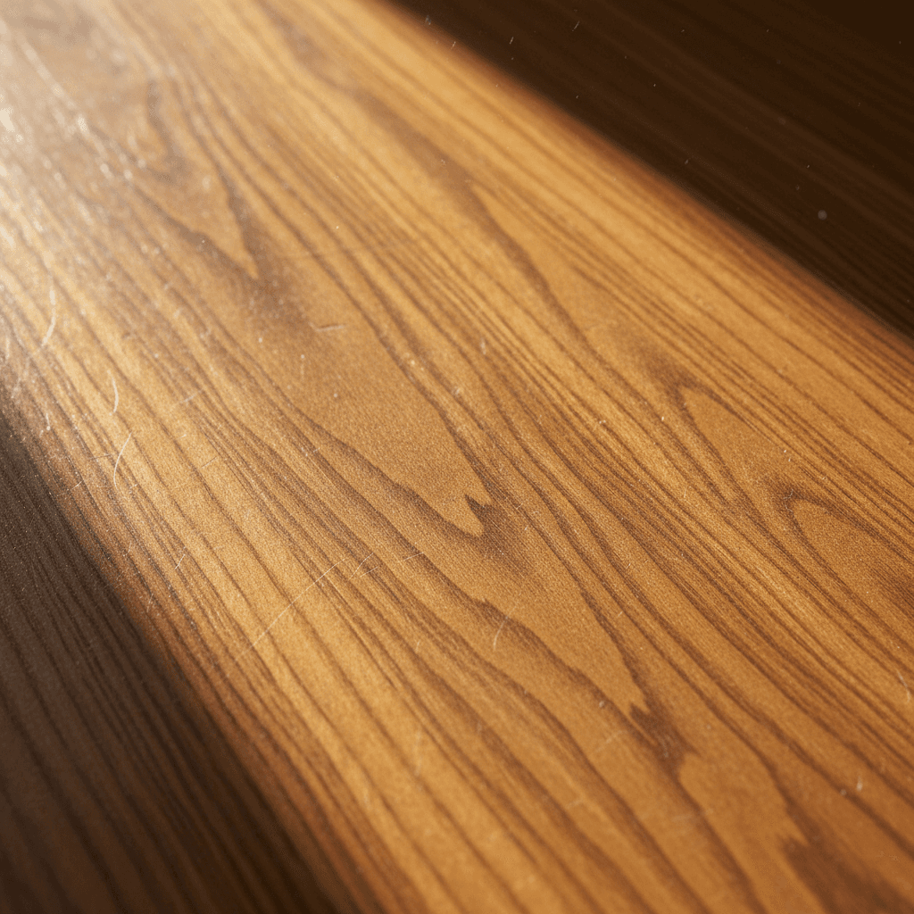 Close-up of a hardwood floor plank showing natural grain and gentle wear marks.