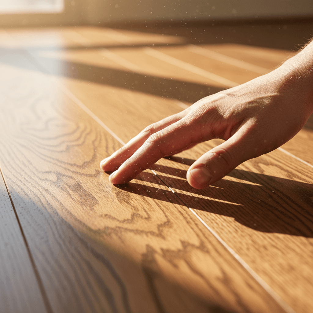 A hand gently touches the surface of a newly finished hardwood floor, the grain and rich amber stain catching the light