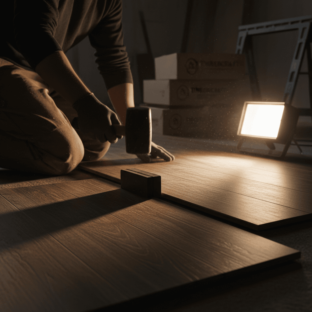 Hand fitting an engineered hardwood plank into place during installation.