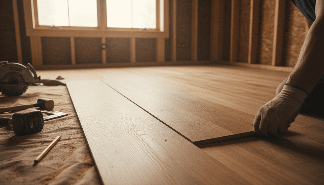 A contractor's hand carefully fits a solid hardwood plank into place, the room bathed in soft afternoon light, with a tape measure and block on the floor